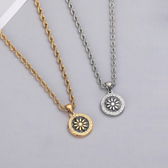 Knit sweater chain titanium steel round ring pendant necklace